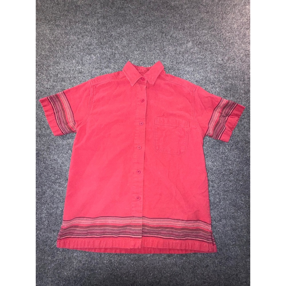 Cabelas Womens Red Cotton Canvas Short Sleeve Button Down Shirt Striped Trim S